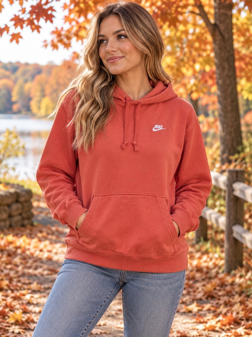 Nike Orange Pullover Hoodie Sweatshirt Swoosh Logo Kangaroo Pocket